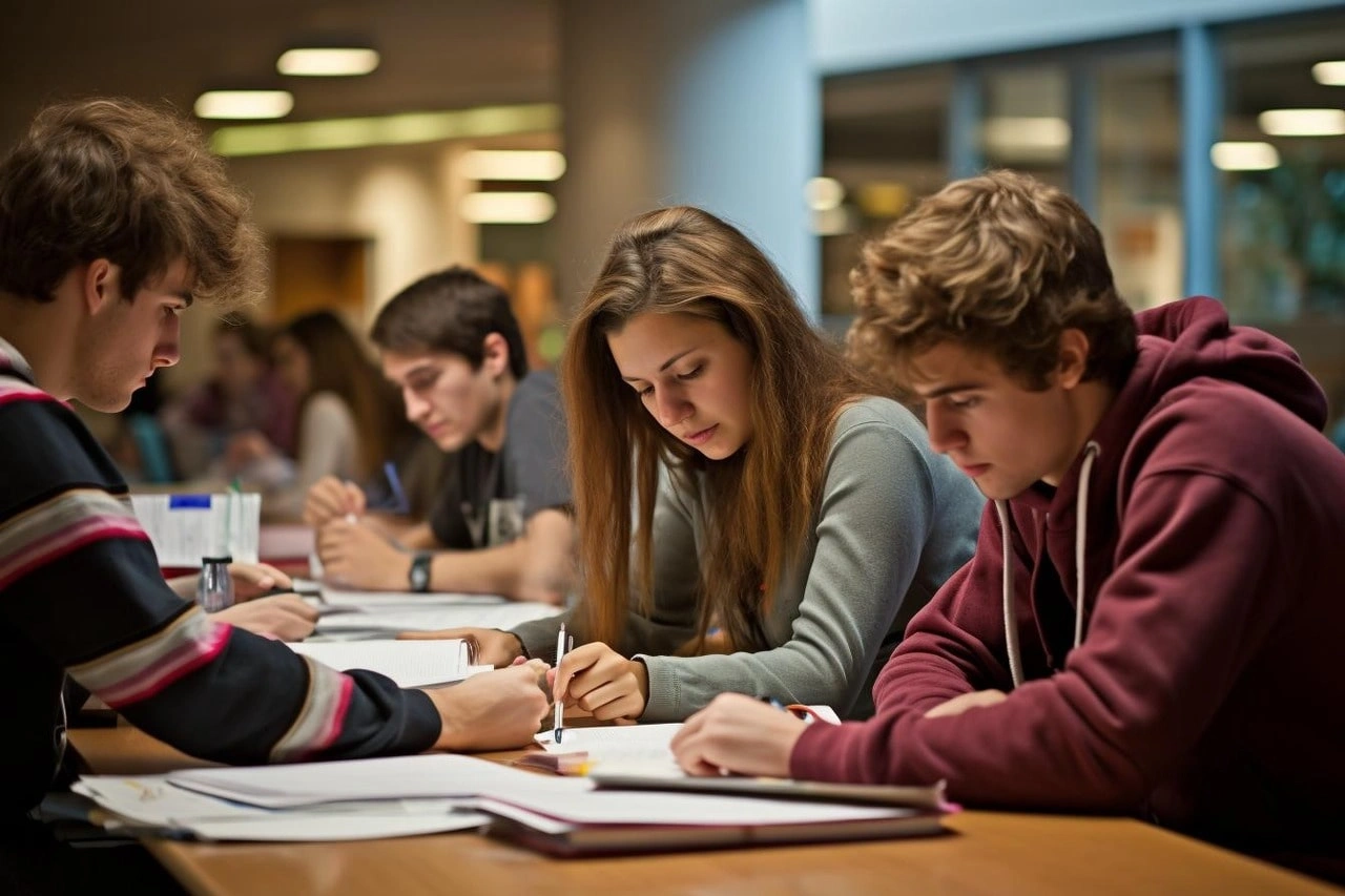 A professor and four students sitting around a small table chatting